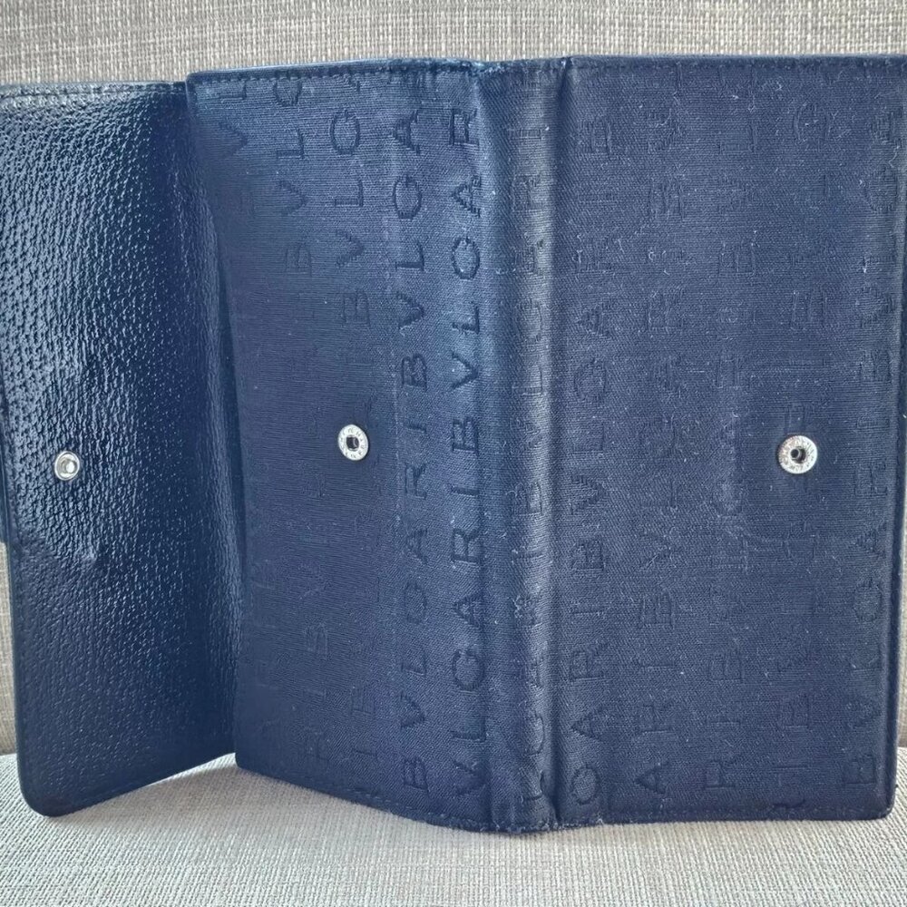 BVLGARI Clutch Long Wallet Card Holder Black Leather/Canvas Bag Purse Made Italy - Picture 5 of 14